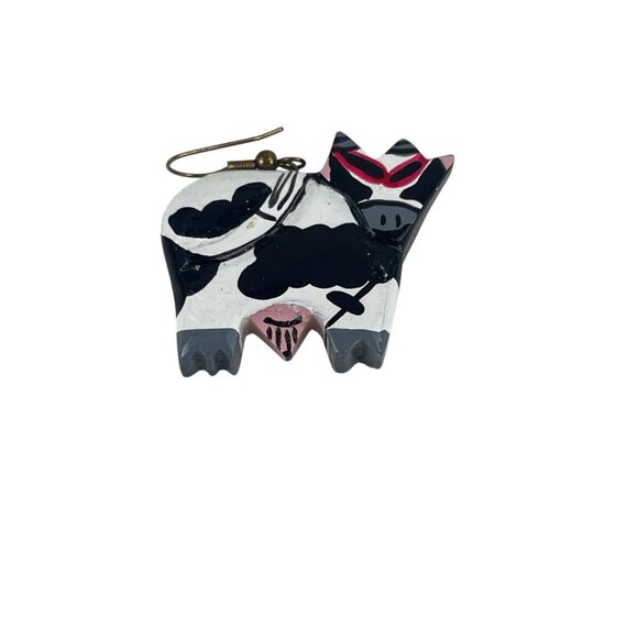 Handcrafted Bovine-Themed Dangle Earrings With Unique Black White Cow Design Whi - Picture 2 of 5